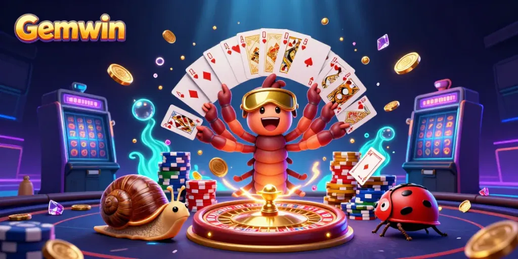 Experience the thrill of Gemwin with a lively casino scene featuring a millipede dealer, a high-roller snail, and a pill bug.