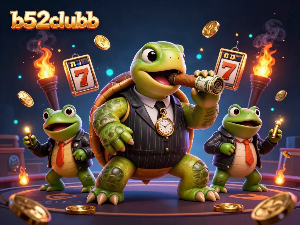 Experience the thrill of slots and gaming with b52clubb in this dynamic casino scene featuring a snapping turtle and bullfrog enforcers.