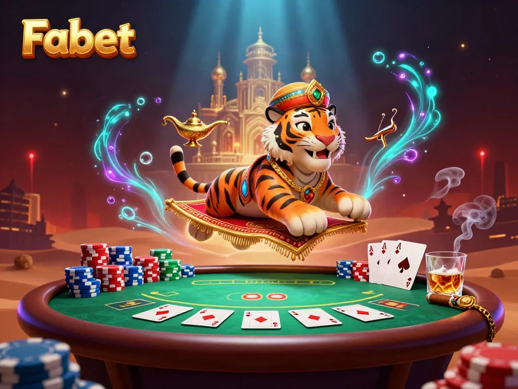 Engage with Fabet's vibrant gaming scene featuring a tiger sultan on a flying carpet made of poker chips.