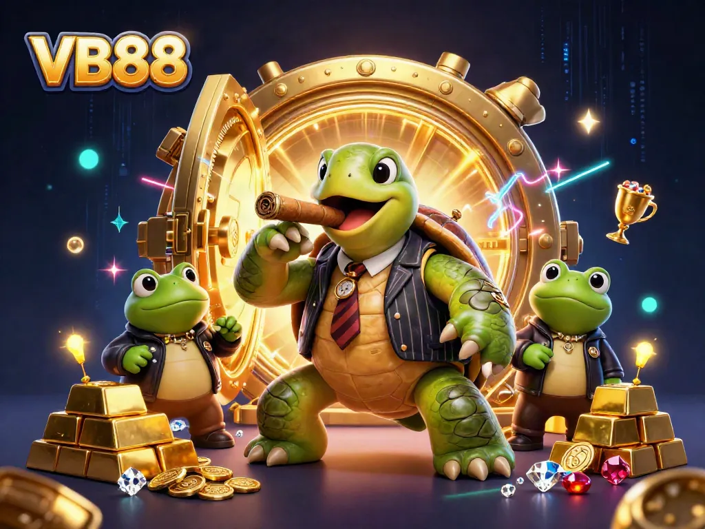 VB88 showcases a snapping turtle mobster with bullfrog enforcers amidst gold treasures and bright casino elements.